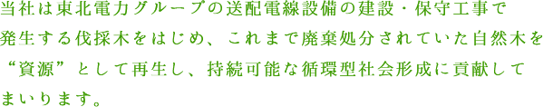 当社は東北電力グループの送配電線設備の建設・保守工事で発生する伐採木をはじめ、これまで廃棄処分されていた自然木を“資源”として再生し、持続可能な循環型社会形成に貢献してまいります。